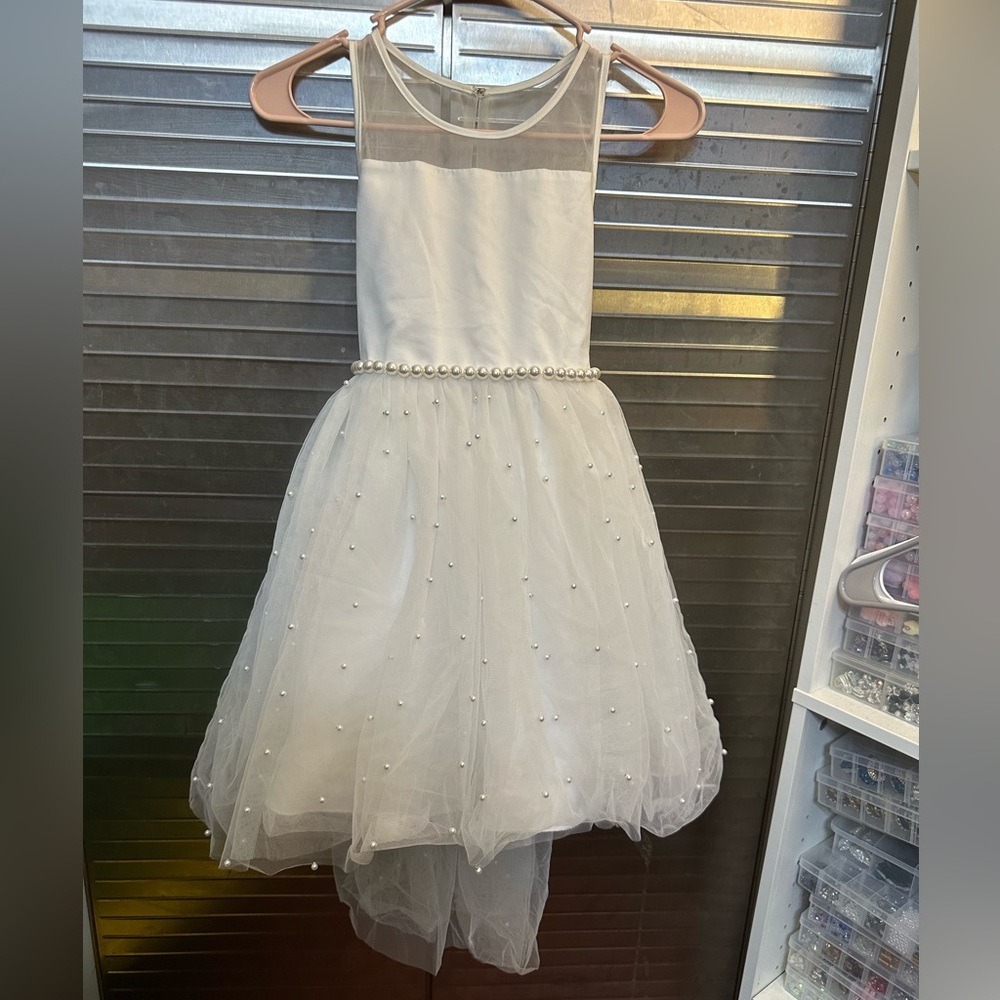 Girls size 12- Elegant White Tulle Dress with Pearl Accents